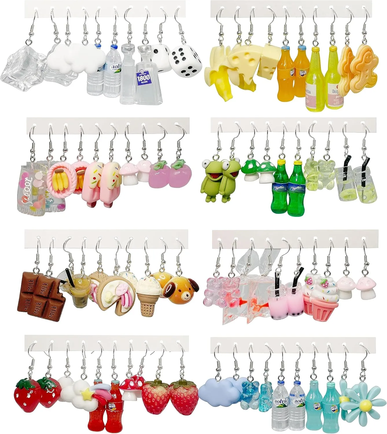 EIELO 16-40 Pairs Cute Funny Weird Earrings Boba Water Bottle Pearl Milk Tea Food Gummy Bear Fruit Mushroom Goldfish Earring Set Cute Funny Dangle Drop Earrings for Women