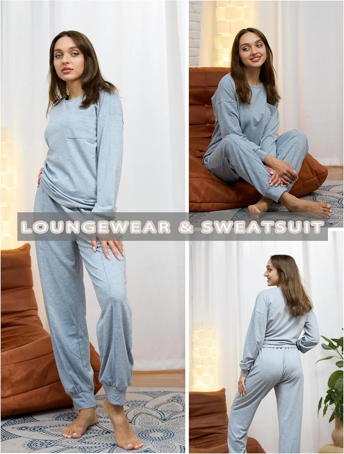 Ekouaer Lounge Sets for Women 2 Piece Jogger Pajama Long Sleeve Pants Loungewear Sweatsuits Casual Matching Outfits