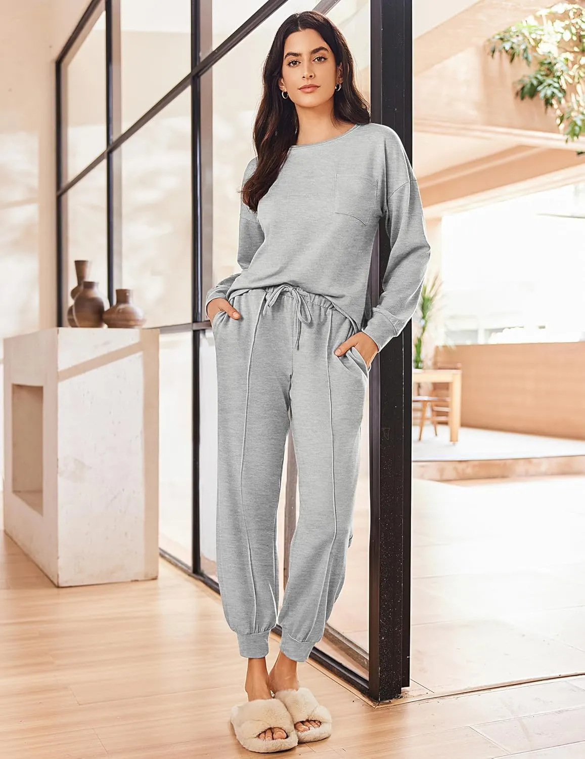 Ekouaer Lounge Sets for Women 2 Piece Jogger Pajama Long Sleeve Pants Loungewear Sweatsuits Casual Matching Outfits