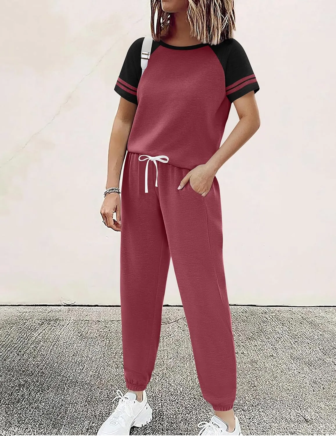 Ekouaer Lounge Sets for Women Two Piece Pajama Set Short Sleeve Crewneck Jogger Outfits and Sweatpants Tracksuit with Pockets