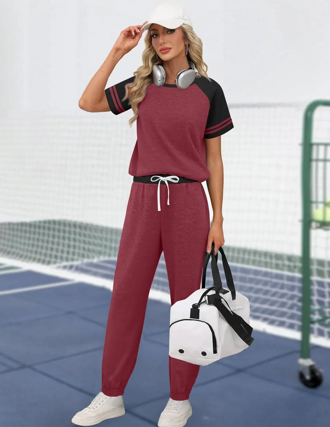 Ekouaer Lounge Sets for Women Two Piece Pajama Set Short Sleeve Crewneck Jogger Outfits and Sweatpants Tracksuit with Pockets