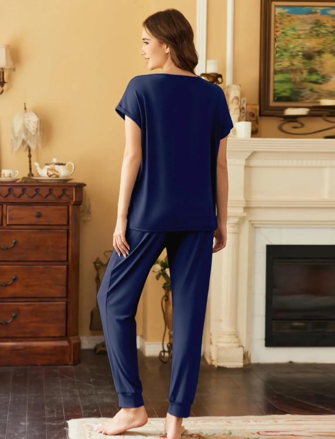 Ekouaer Pajama Sets for Women 2 Piece Lounge Sets Short Sleeve Pullover Top and Jogger Pants Pjs Sleepwear Tracksuit S-XXL