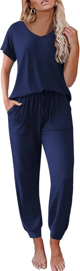 Ekouaer Pajama Sets for Women 2 Piece Lounge Sets Short Sleeve Pullover Top and Jogger Pants Pjs Sleepwear Tracksuit S-XXL