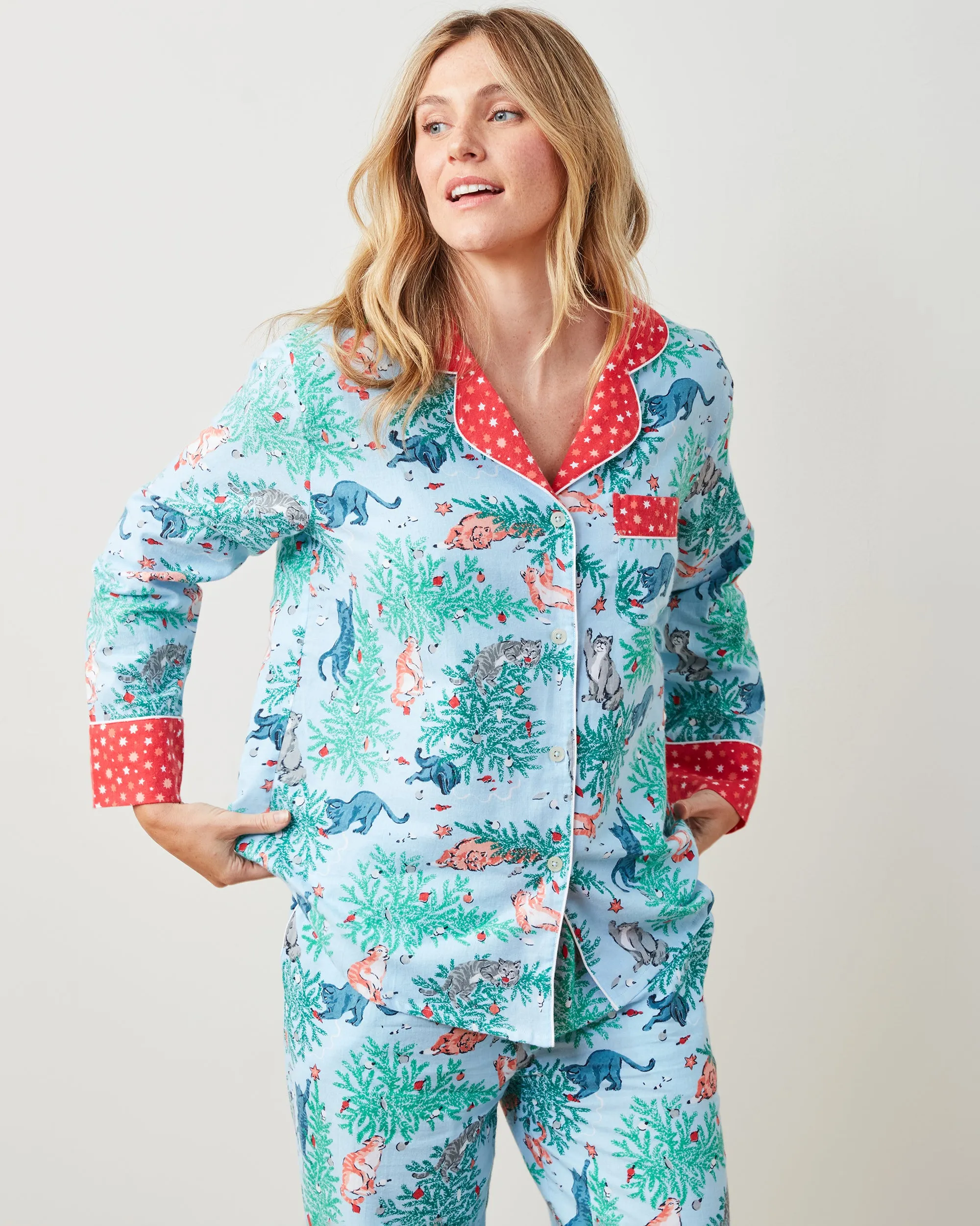 Frisky Firs - Lightweight Flannel Long PJ Set - Twinkling Blue