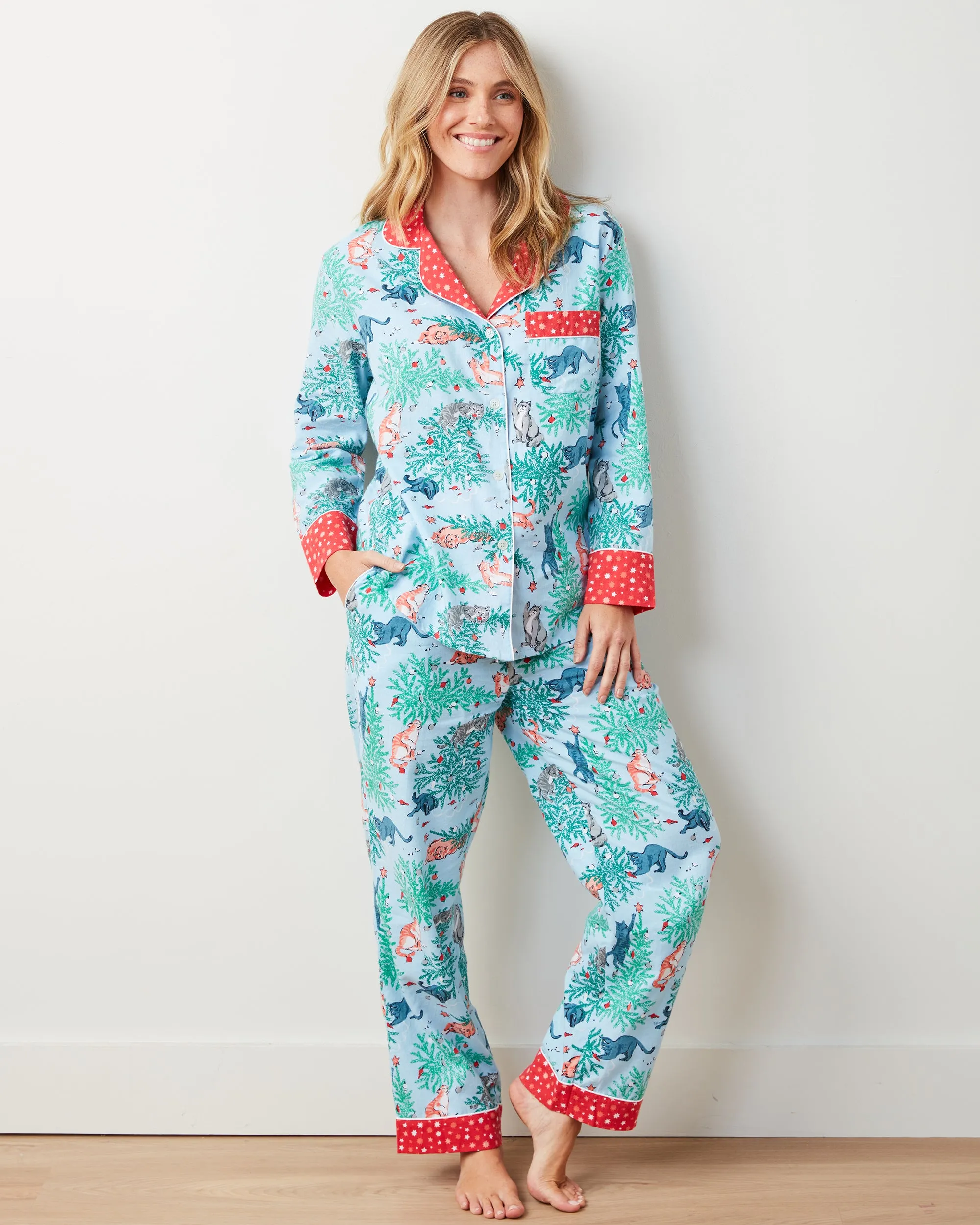 Frisky Firs - Lightweight Flannel Long PJ Set - Twinkling Blue