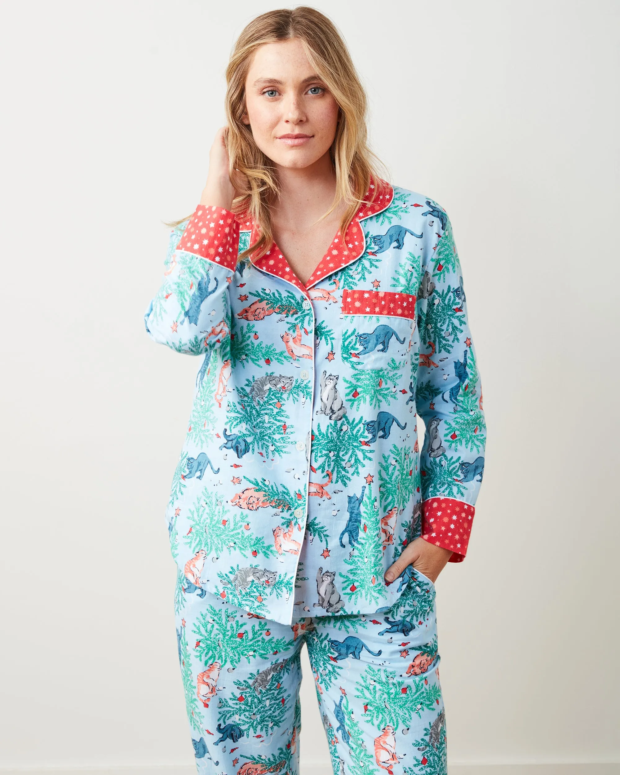 Frisky Firs - Lightweight Flannel Long PJ Set - Twinkling Blue
