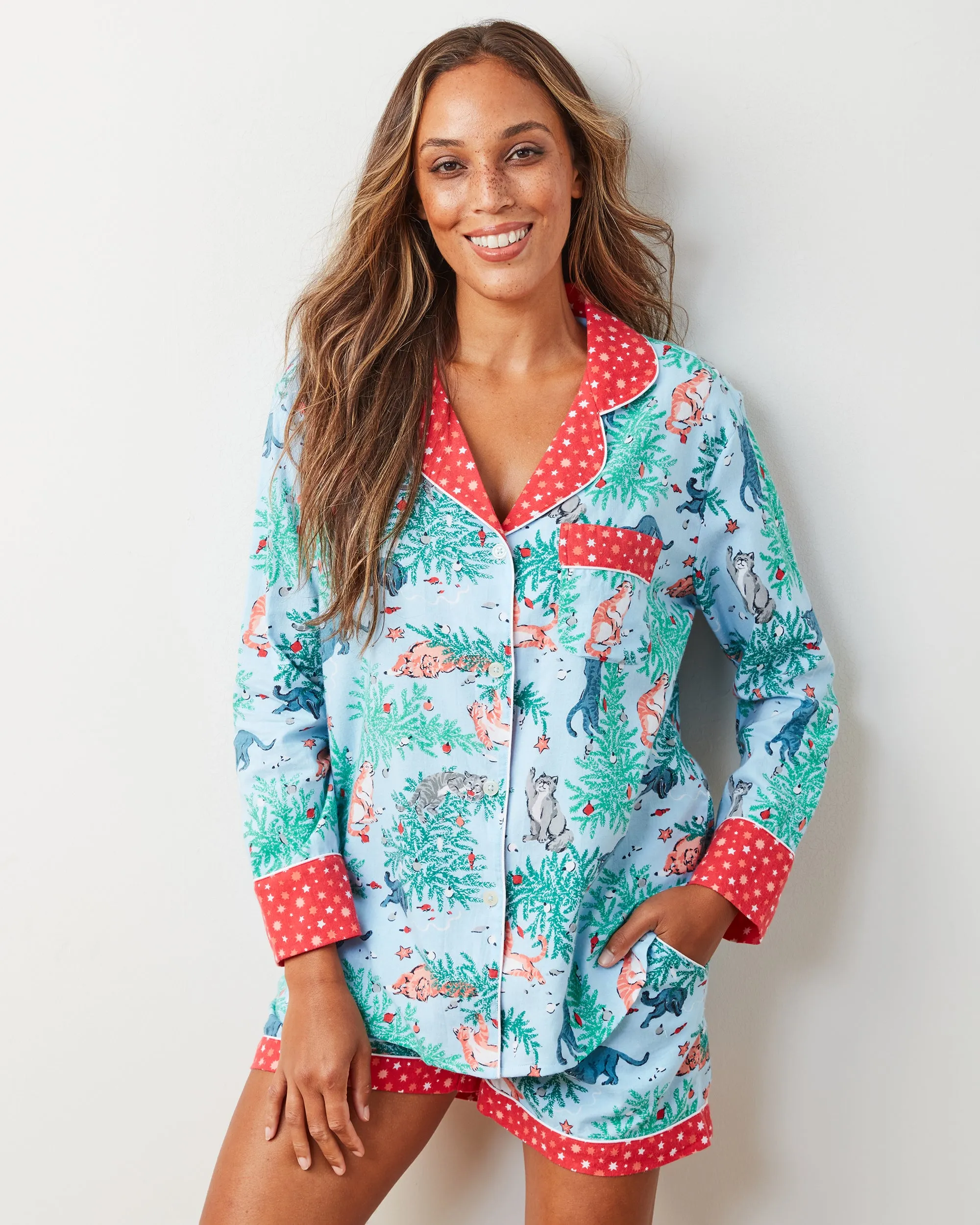 Frisky Firs - Lightweight Flannel Long Sleeve Top & Shorts Set - Twinkling Blue