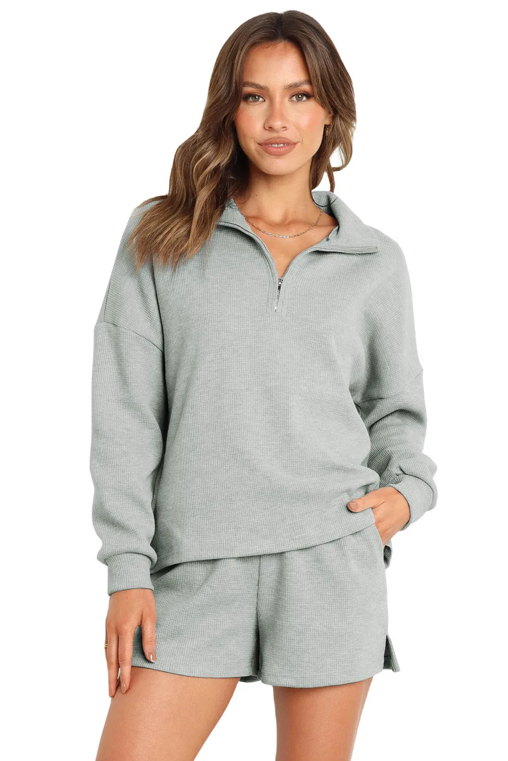 Gray Ribbed Zipper Sweatshirt & High Waist Shorts Set