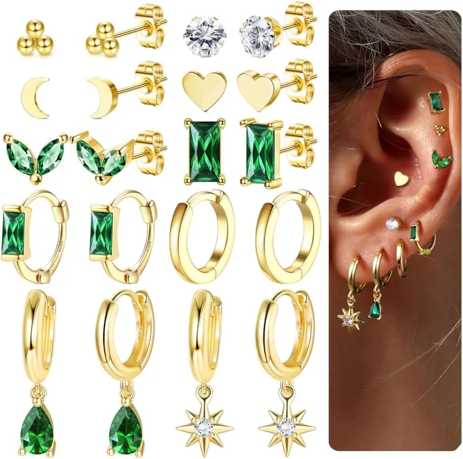 HAIAISO 10 Pairs 14K Gold Plated Huggie Hoop Studs Earrings for Women Small Dangle Hoop Earrings Gold Green Earrings Set for Multiple Piercing