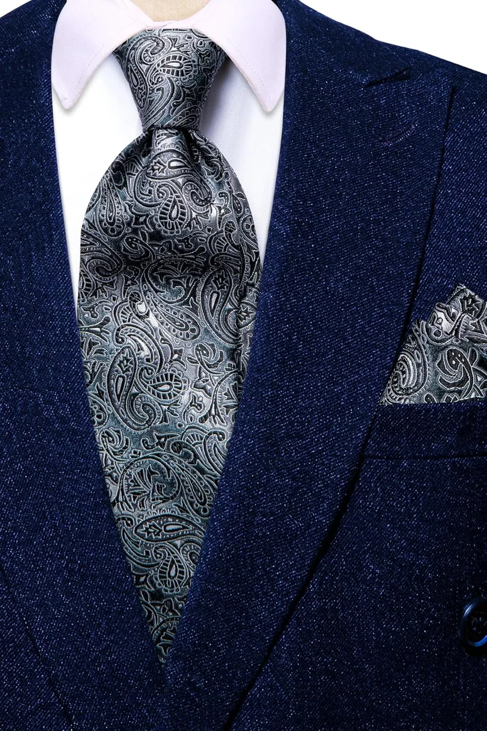 Hi-Tie Men 63inches Tie Set Extra Long Necktie Paisley Tie Pocket Suqare Cufflinks Big and Tall Men Tie