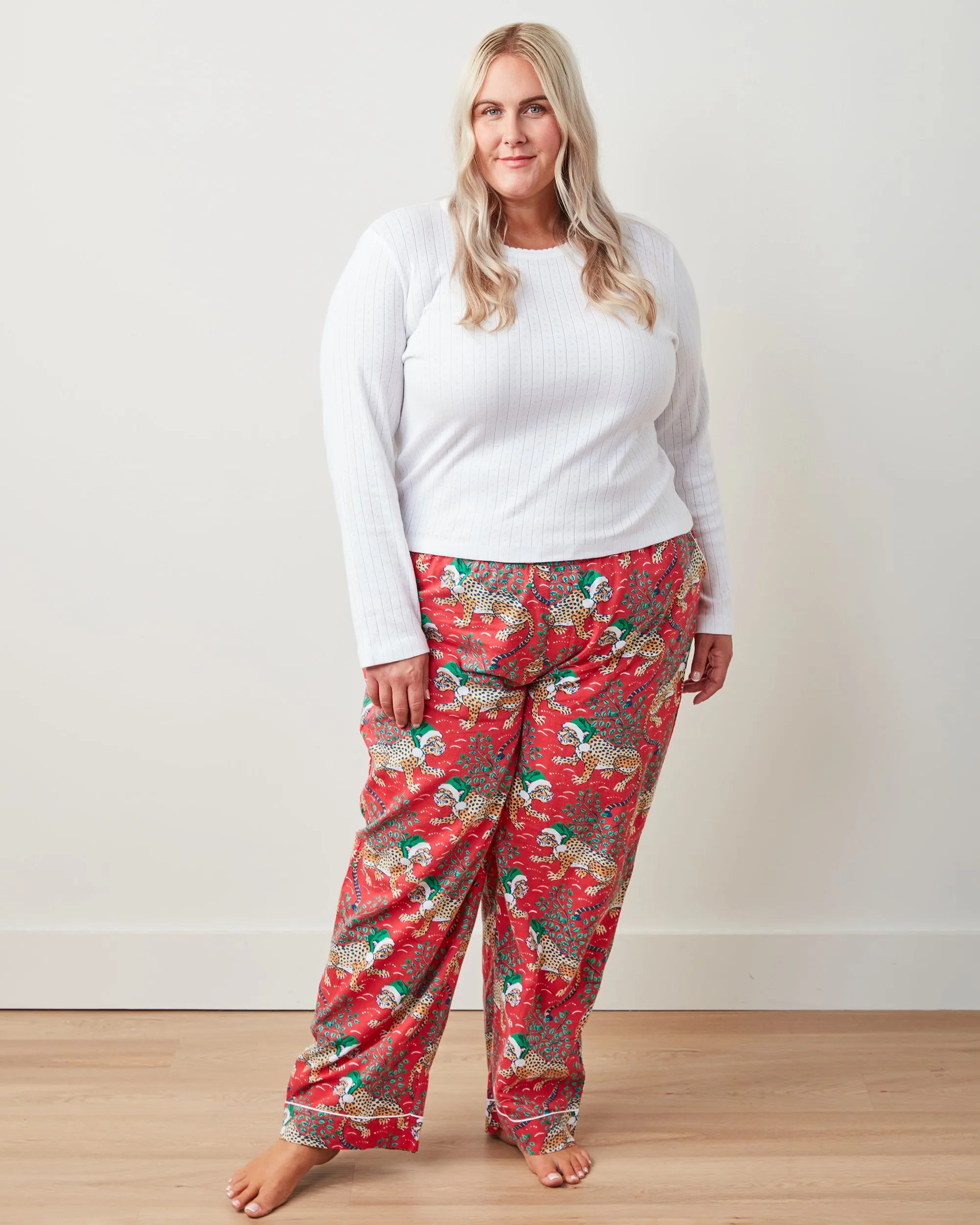 Holly Jolly Bagheera - Pointelle Long Sleeve & Lightweight Flannel PJ Pants Set - Ruby