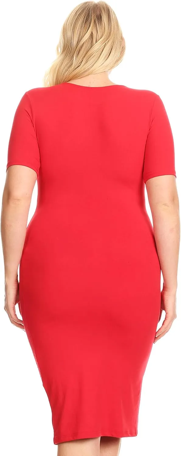 ICONOFLASH Women's Short Sleeve Midi Bodycon Dress - Crew Neck Fitted Dress with Plus Size Options