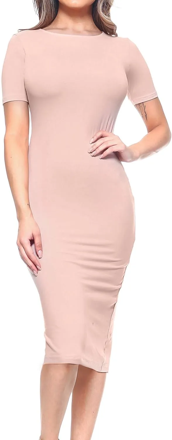 ICONOFLASH Women's Short Sleeve Midi Bodycon Dress - Crew Neck Fitted Dress with Plus Size Options