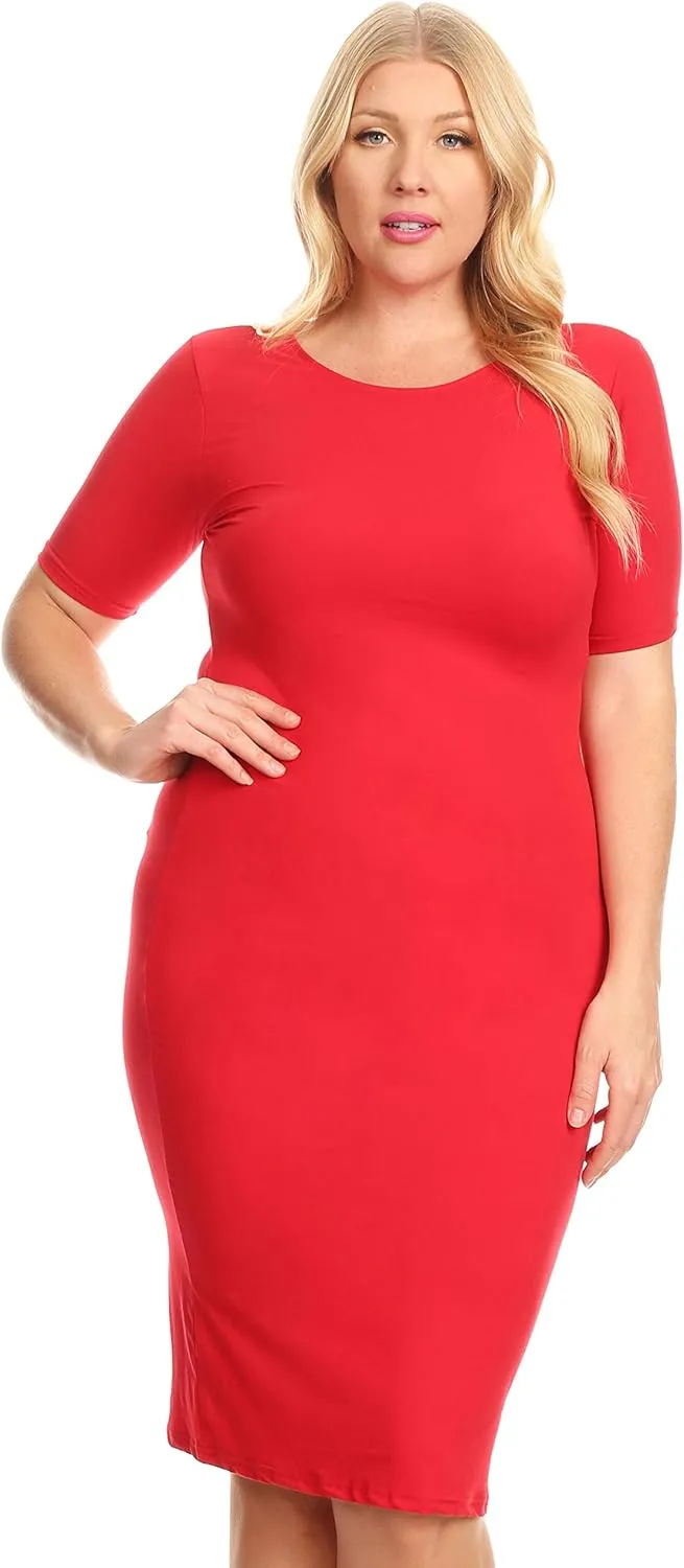 ICONOFLASH Women's Short Sleeve Midi Bodycon Dress - Crew Neck Fitted Dress with Plus Size Options