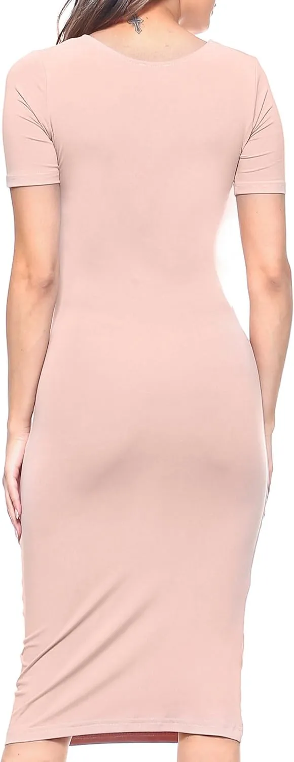 ICONOFLASH Women's Short Sleeve Midi Bodycon Dress - Crew Neck Fitted Dress with Plus Size Options