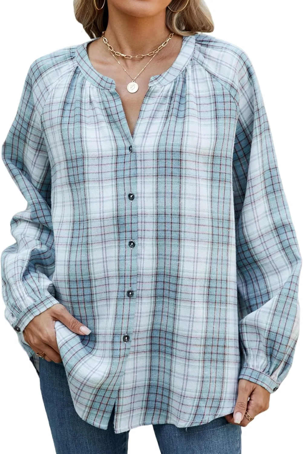 INFITTY Women's Flannel Shirts Cotton Henley V Neck Button Down Blouse Long Sleeve Tops Dressy Plaid Shackets