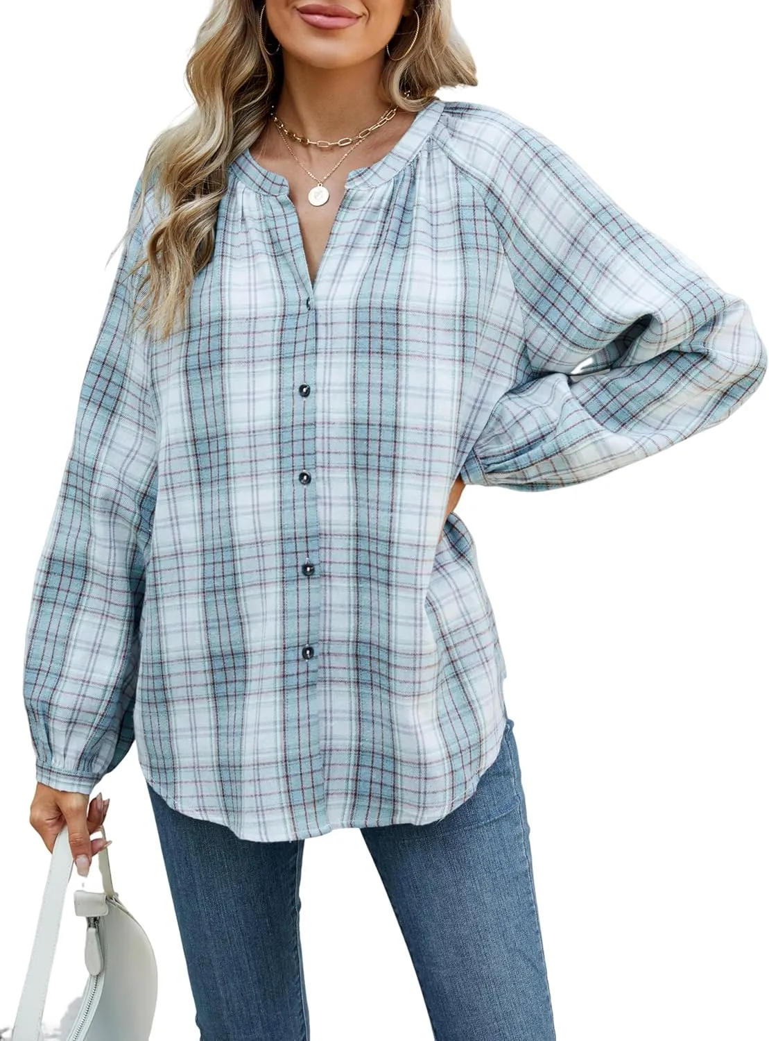 INFITTY Women's Flannel Shirts Cotton Henley V Neck Button Down Blouse Long Sleeve Tops Dressy Plaid Shackets
