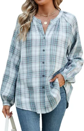 INFITTY Women's Flannel Shirts Cotton Henley V Neck Button Down Blouse Long Sleeve Tops Dressy Plaid Shackets