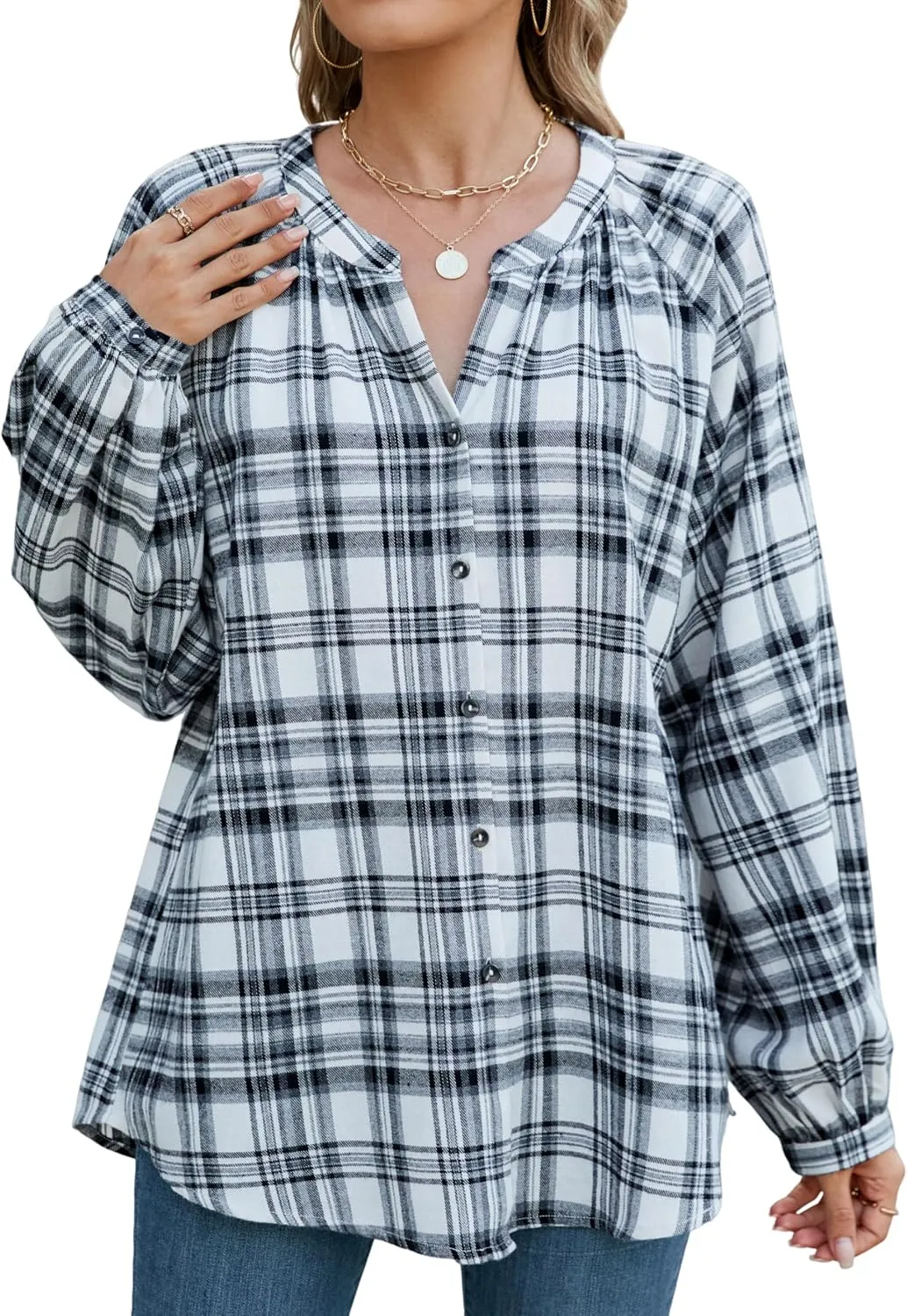 INFITTY Women's Flannel Shirts Cotton Henley V Neck Button Down Blouse Long Sleeve Tops Dressy Plaid Shackets