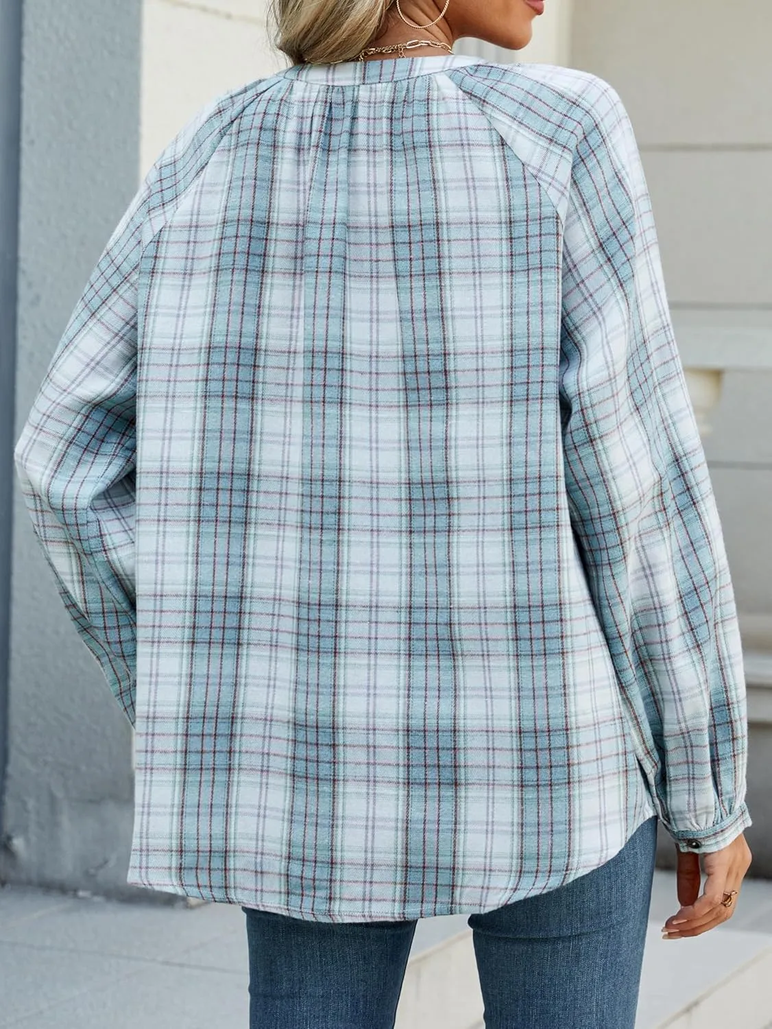 INFITTY Women's Flannel Shirts Cotton Henley V Neck Button Down Blouse Long Sleeve Tops Dressy Plaid Shackets