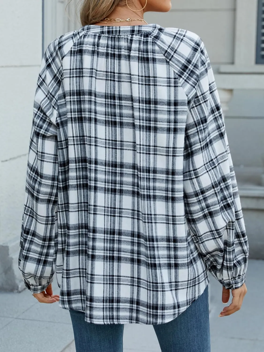 INFITTY Women's Flannel Shirts Cotton Henley V Neck Button Down Blouse Long Sleeve Tops Dressy Plaid Shackets
