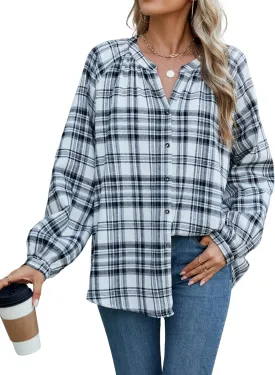 INFITTY Women's Flannel Shirts Cotton Henley V Neck Button Down Blouse Long Sleeve Tops Dressy Plaid Shackets