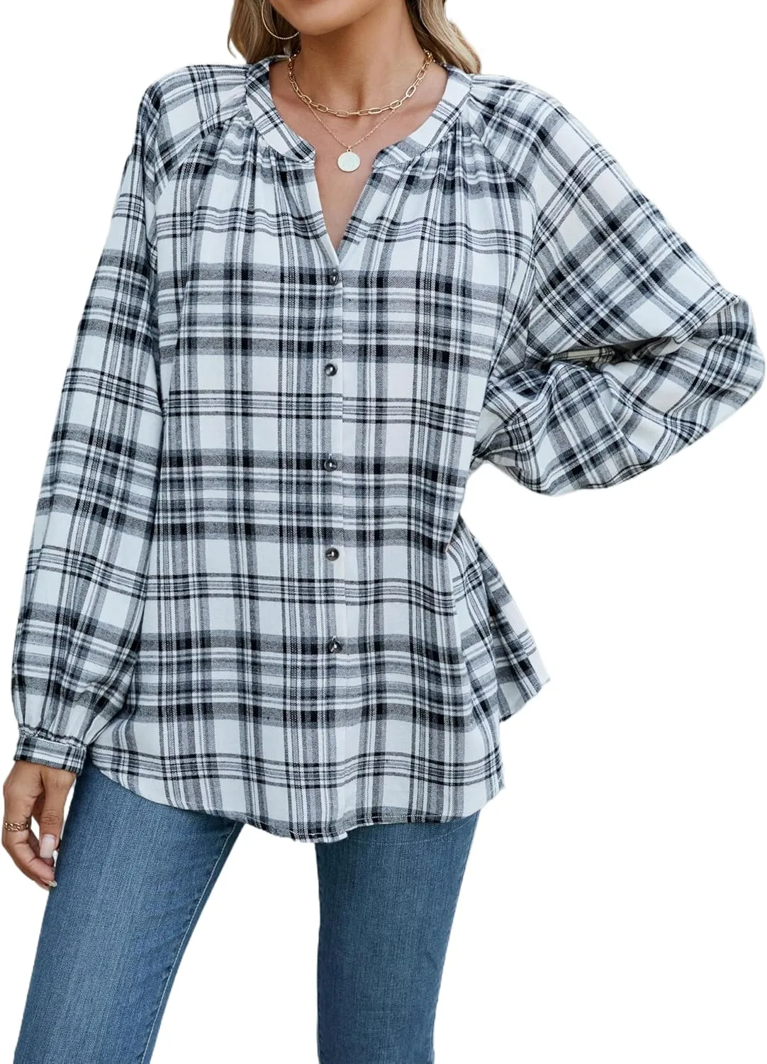 INFITTY Women's Flannel Shirts Cotton Henley V Neck Button Down Blouse Long Sleeve Tops Dressy Plaid Shackets