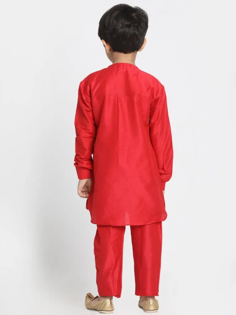 Jashvi Boys' Red Cotton Silk Blend Kurta and Pyjama Set