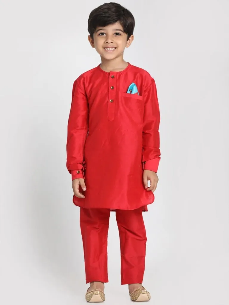 Jashvi Boys' Red Cotton Silk Blend Kurta and Pyjama Set