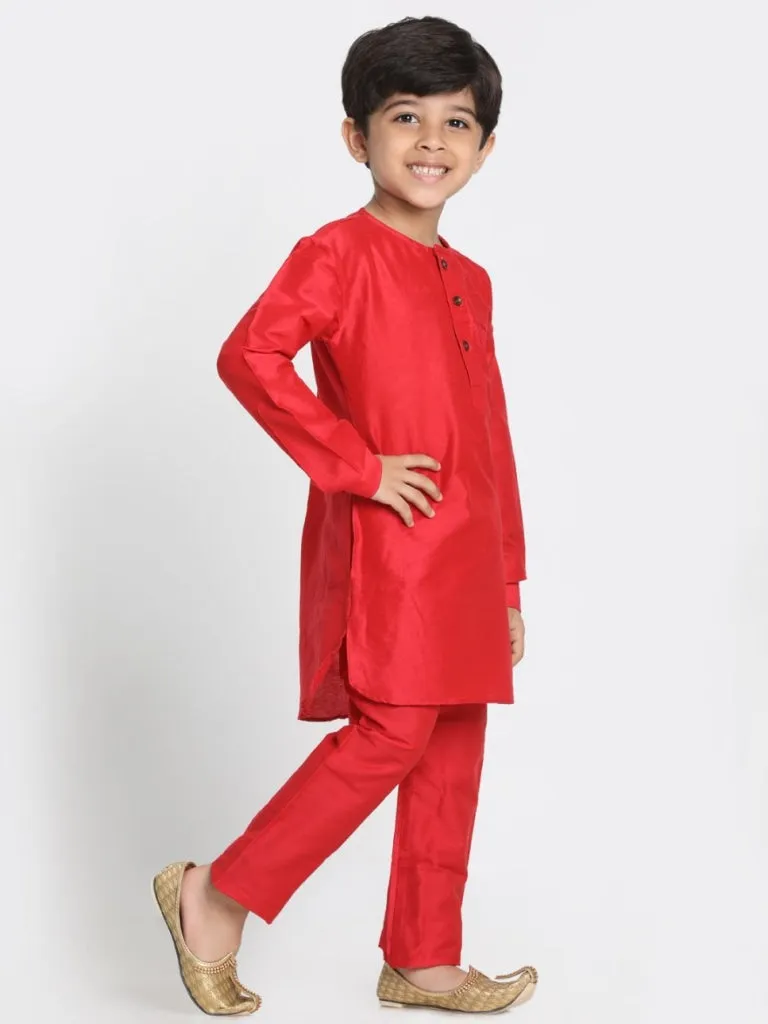 Jashvi Boys' Red Cotton Silk Blend Kurta and Pyjama Set