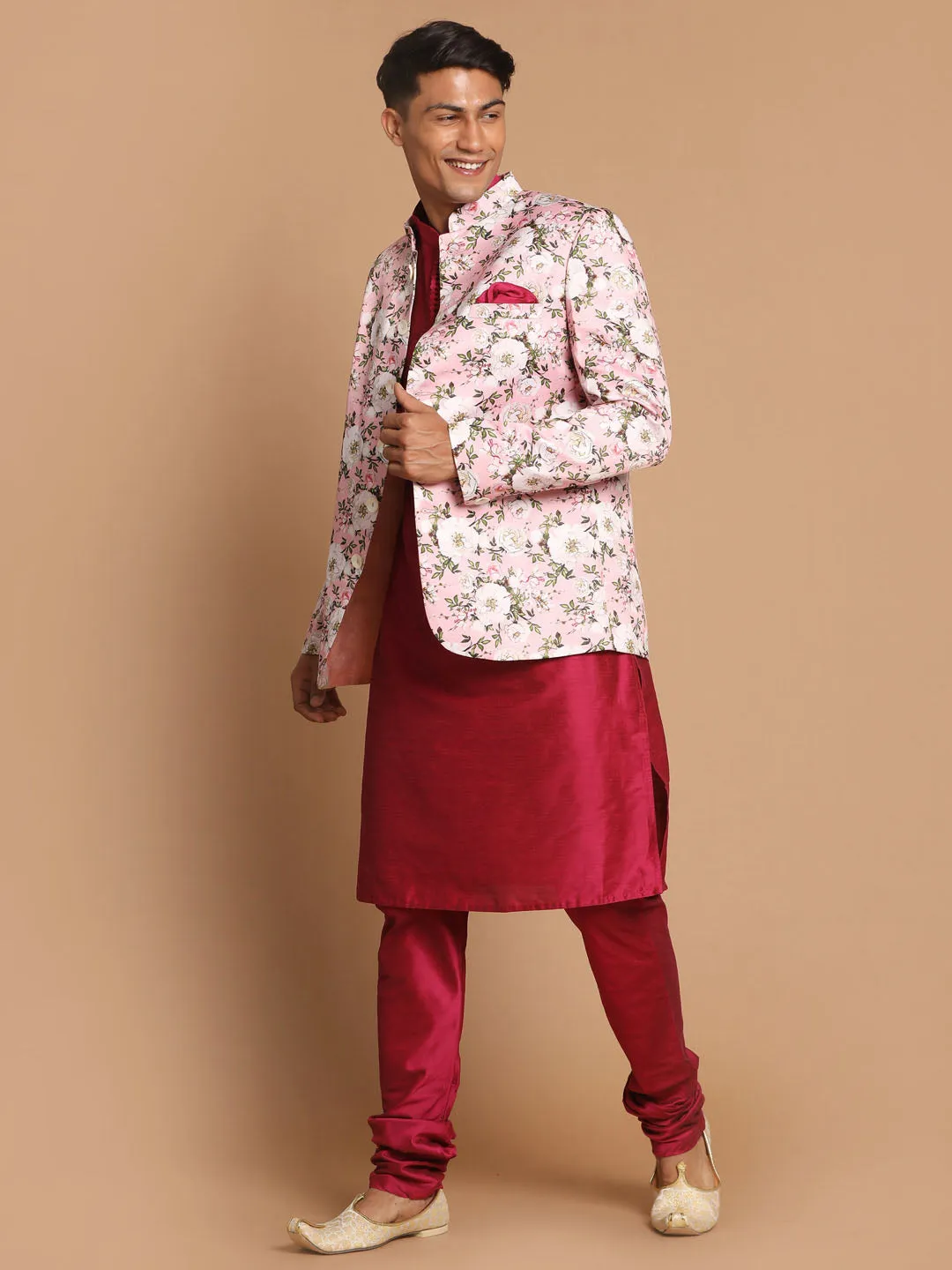 Jashvi Men's Pink Silk Blend Jodhpuri With Purple Cotton Silk Blend Kurta and Pyjama Set
