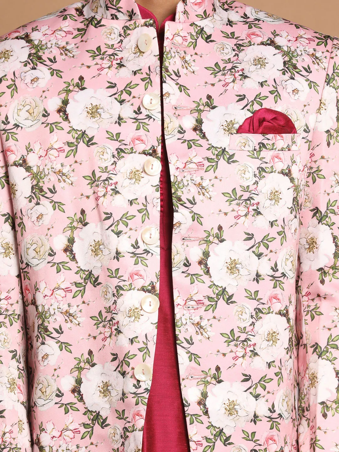 Jashvi Men's Pink Silk Blend Jodhpuri With Purple Cotton Silk Blend Kurta and Pyjama Set