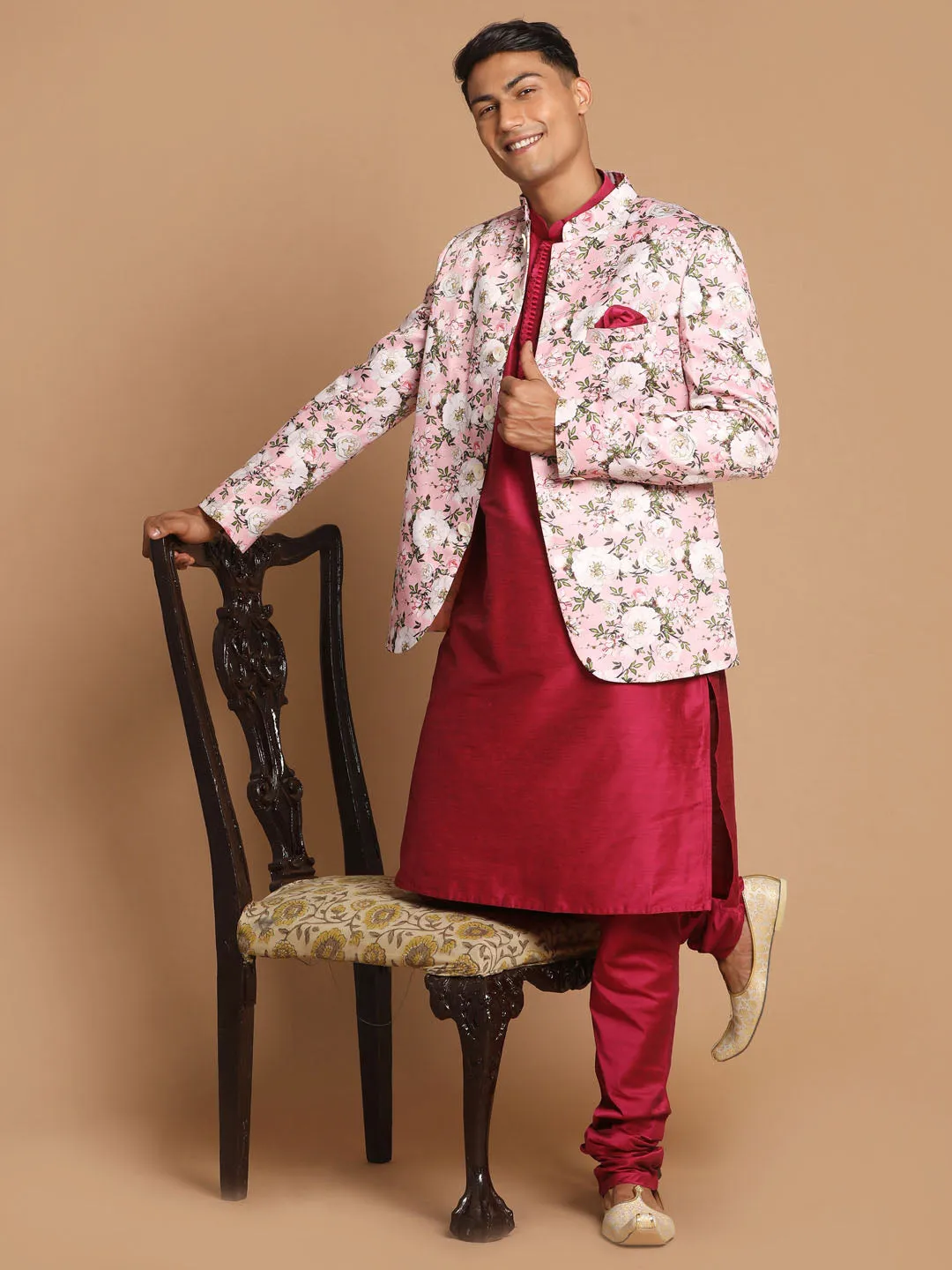 Jashvi Men's Pink Silk Blend Jodhpuri With Purple Cotton Silk Blend Kurta and Pyjama Set