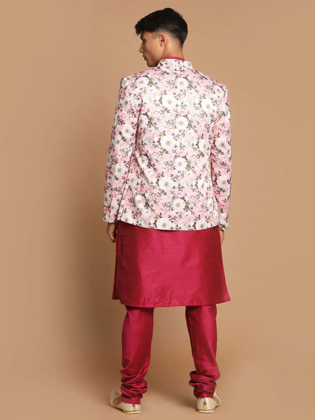 Jashvi Men's Pink Silk Blend Jodhpuri With Purple Cotton Silk Blend Kurta and Pyjama Set