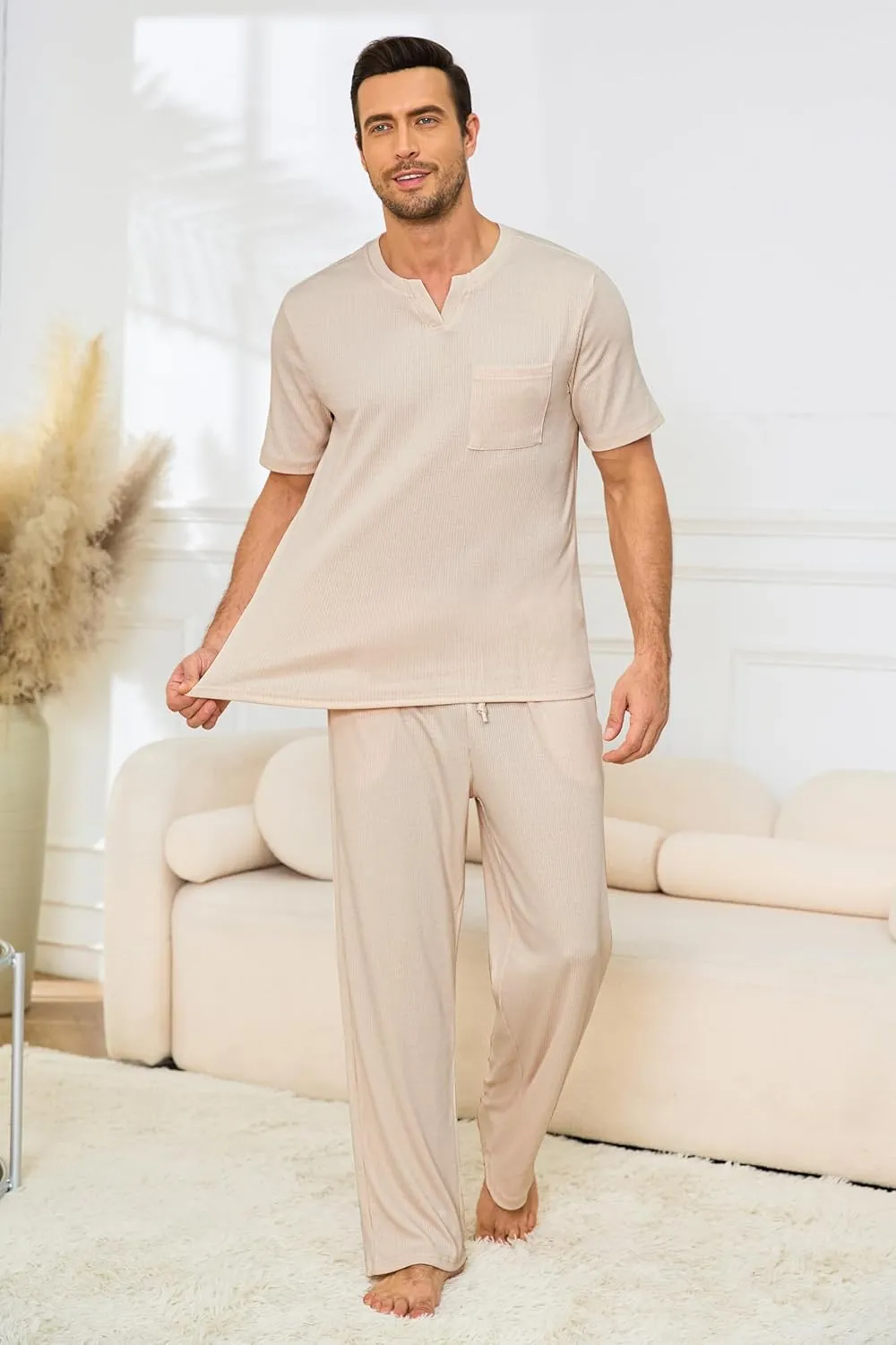 JiniGolla Men Lounge Set Comfy Sleepwear Short Sleeve Pjs Set Soft 2 Piece Pajama Cozy Nightwear with Pockets