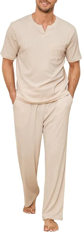 JiniGolla Men Lounge Set Comfy Sleepwear Short Sleeve Pjs Set Soft 2 Piece Pajama Cozy Nightwear with Pockets