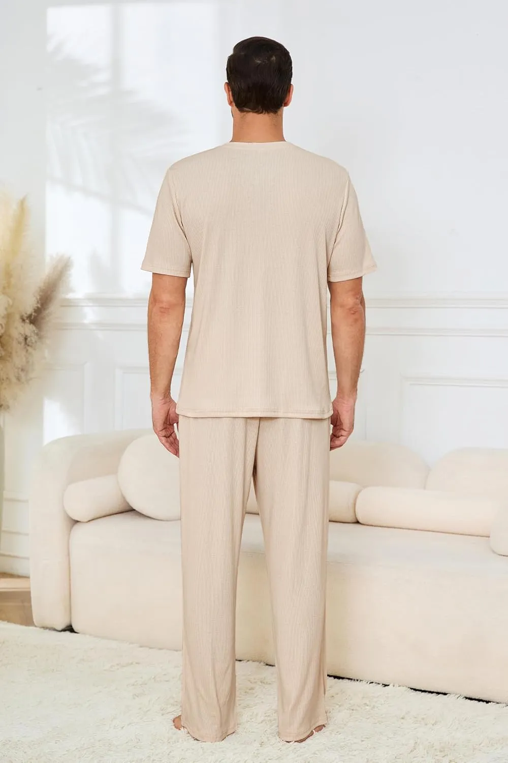 JiniGolla Men Lounge Set Comfy Sleepwear Short Sleeve Pjs Set Soft 2 Piece Pajama Cozy Nightwear with Pockets