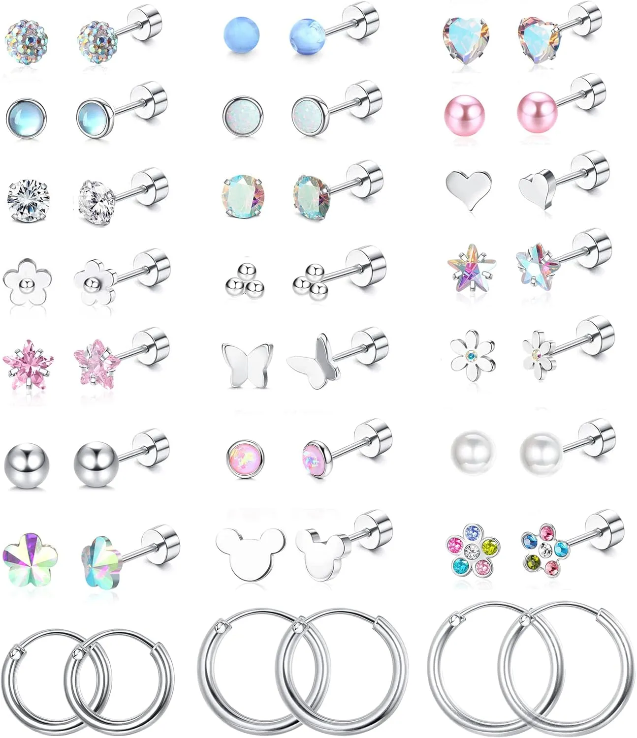 Jstyle 24 Pairs Hypoallergenic Screw Back Earrings for Girls Women Surgical Steel Tiny Heart Flower Flat Back Stud Earrings Cute Hoop Earrings Jewelry Set