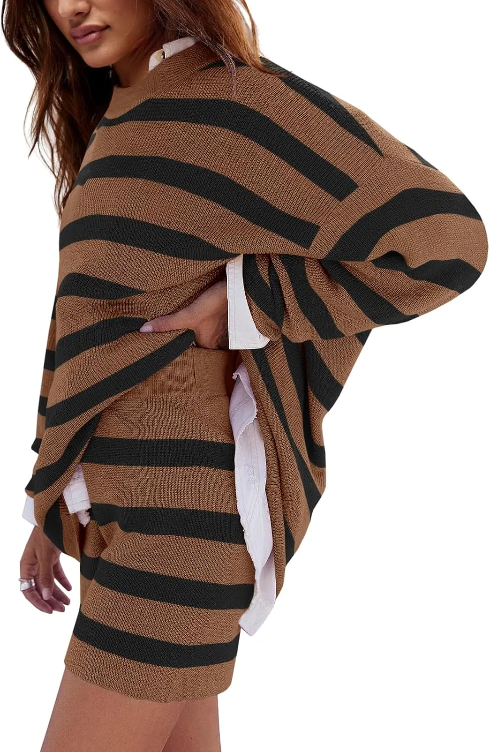 LAMISSCHE Womens Oversized Lounge Sets 2 Piece Outfits Striped Matching Pajama Set Long Sleeve Sweater Set