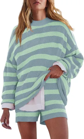 LAMISSCHE Womens Oversized Lounge Sets 2 Piece Outfits Striped Matching Pajama Set Long Sleeve Sweater Set