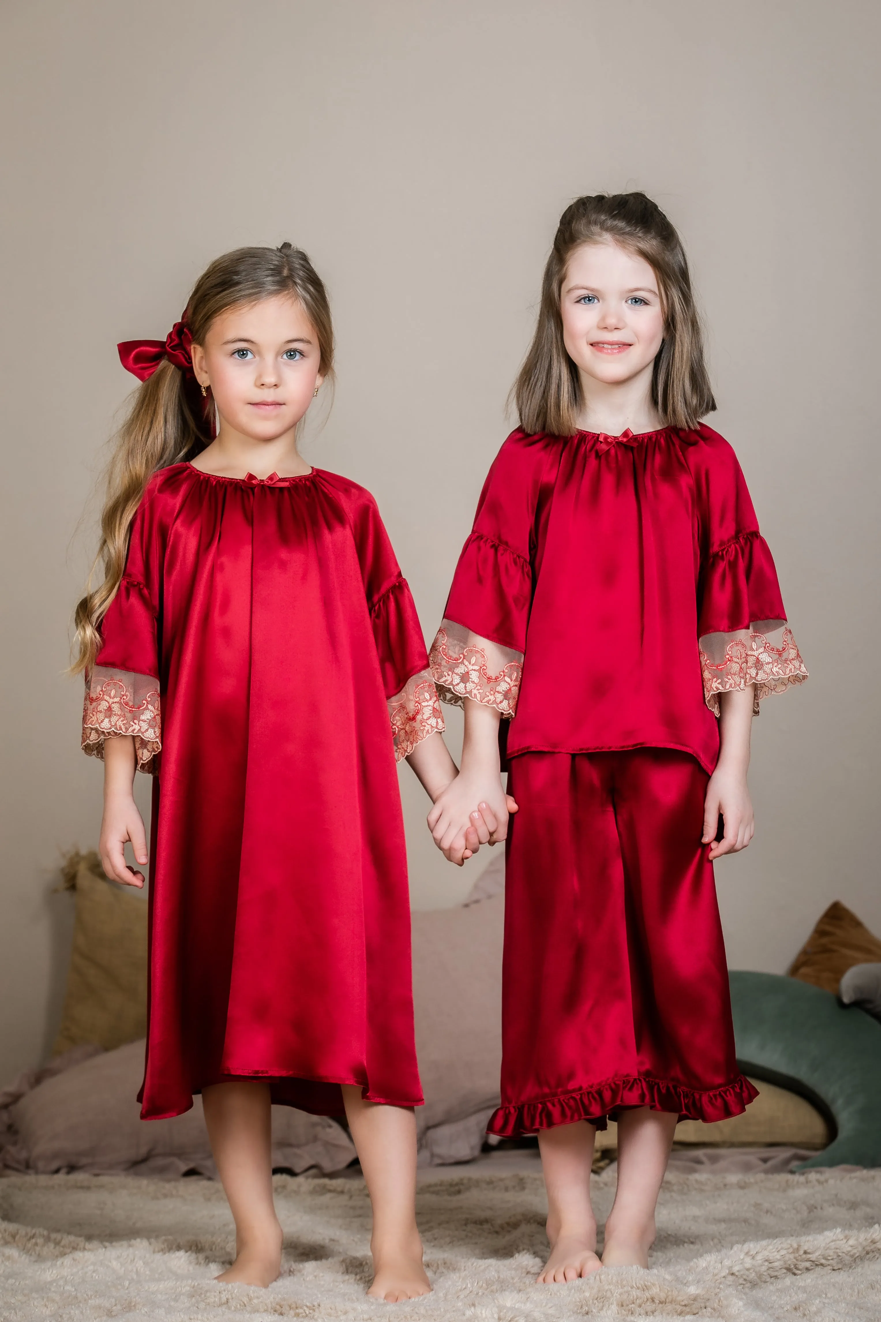 LEANA - GIRLS SILK PYJAMA SET BERRY RED
