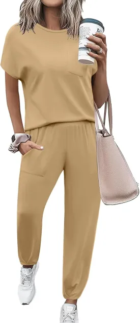 Marvmys Women's Casual Crew Neck Short Sleeve Lounge Set 2 Piece Outfits Travel Tracksuit Pants and Top Loungewear Set