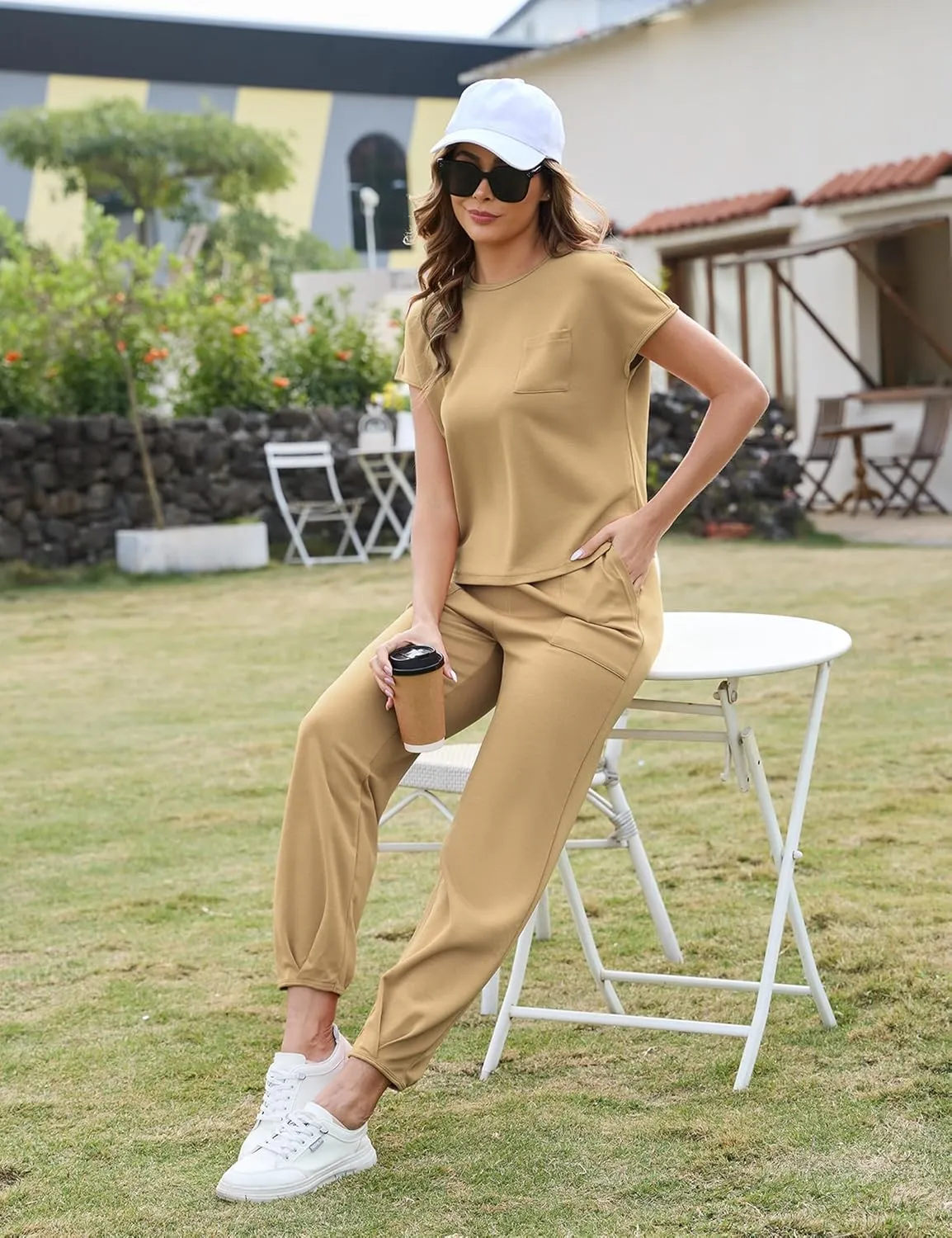 Marvmys Women's Casual Crew Neck Short Sleeve Lounge Set 2 Piece Outfits Travel Tracksuit Pants and Top Loungewear Set