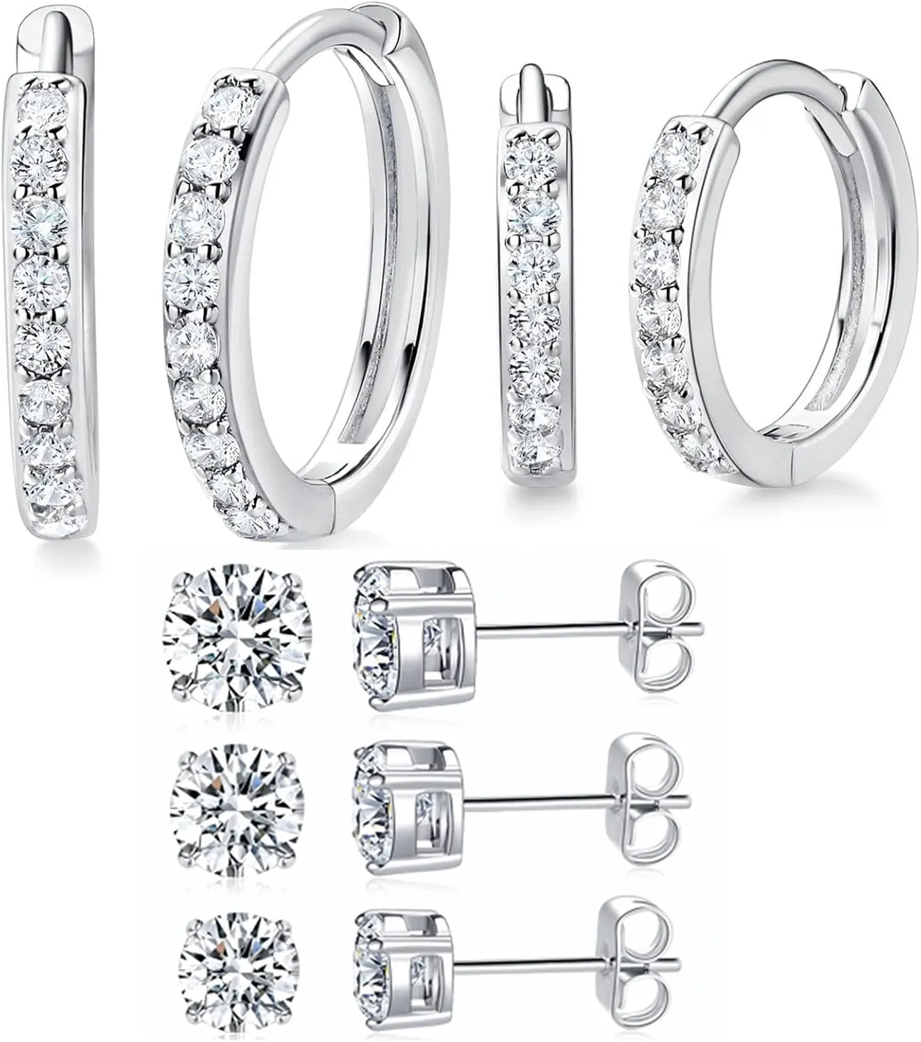 MDFUN Hoops Huggie Stud Earrings Set 14K White Gold Plated Cubic Zirconia Earring for Women Pack of 2/5 Pairs