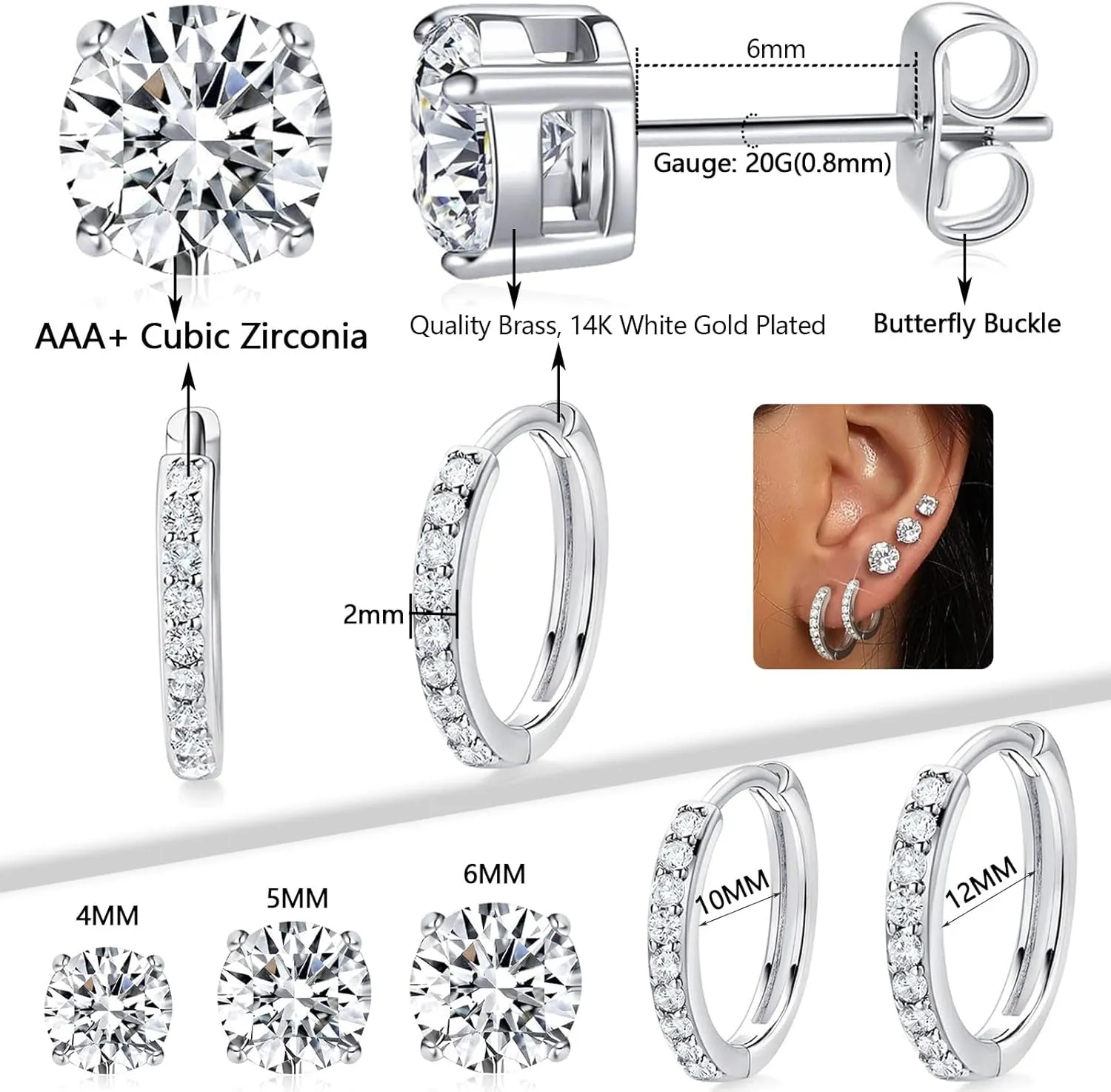 MDFUN Hoops Huggie Stud Earrings Set 14K White Gold Plated Cubic Zirconia Earring for Women Pack of 2/5 Pairs