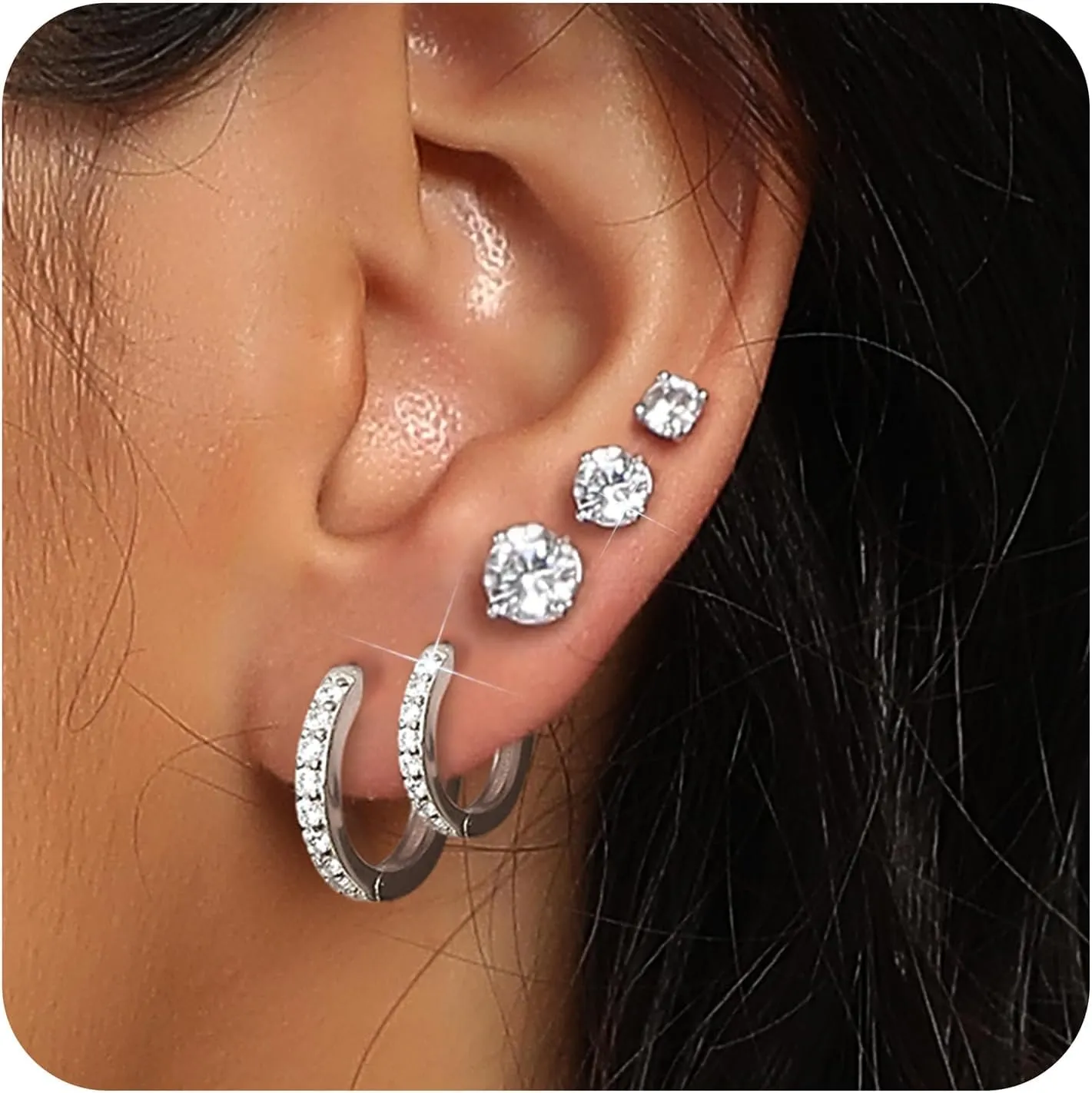 MDFUN Hoops Huggie Stud Earrings Set 14K White Gold Plated Cubic Zirconia Earring for Women Pack of 2/5 Pairs