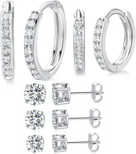 MDFUN Hoops Huggie Stud Earrings Set 14K White Gold Plated Cubic Zirconia Earring for Women Pack of 2/5 Pairs