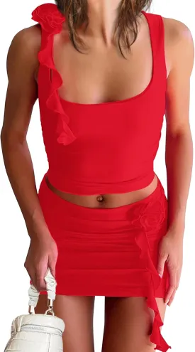 Meladyan Women's 2 Piece Outfits Rosette Flower Crop Tank Top And Bodycon High Waist Mini Skirt Set Tracksuit
