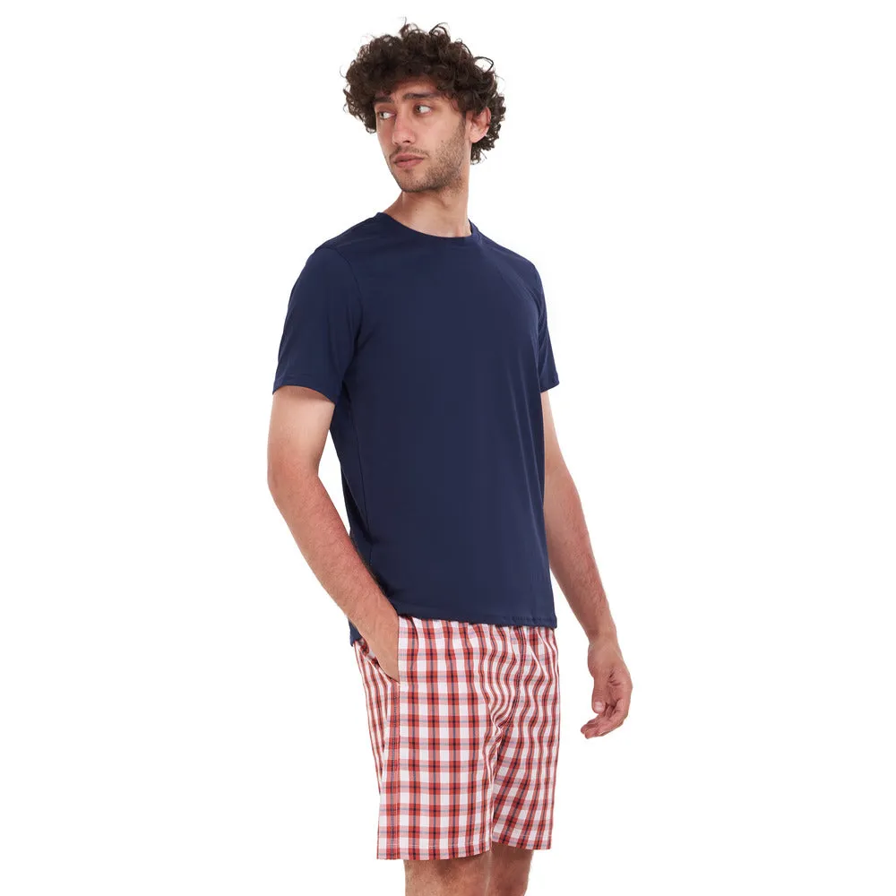 Men summer pajama set Dark Blue T-shirt   Red x White Checkered short