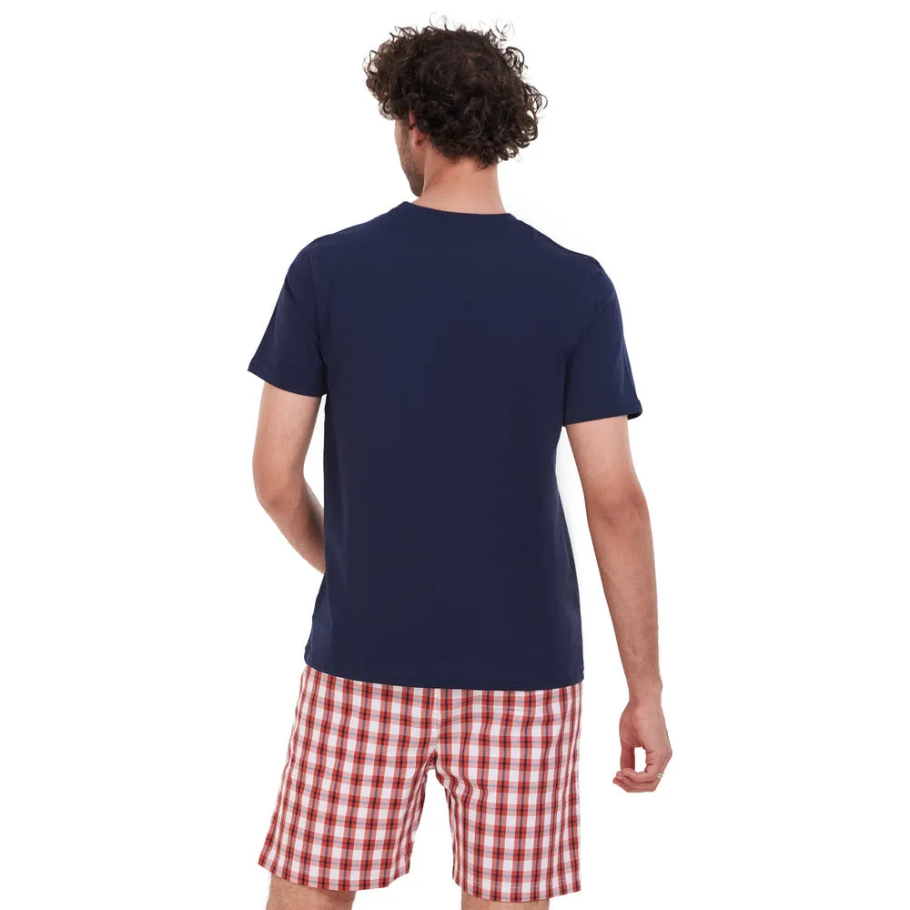 Men summer pajama set Dark Blue T-shirt   Red x White Checkered short